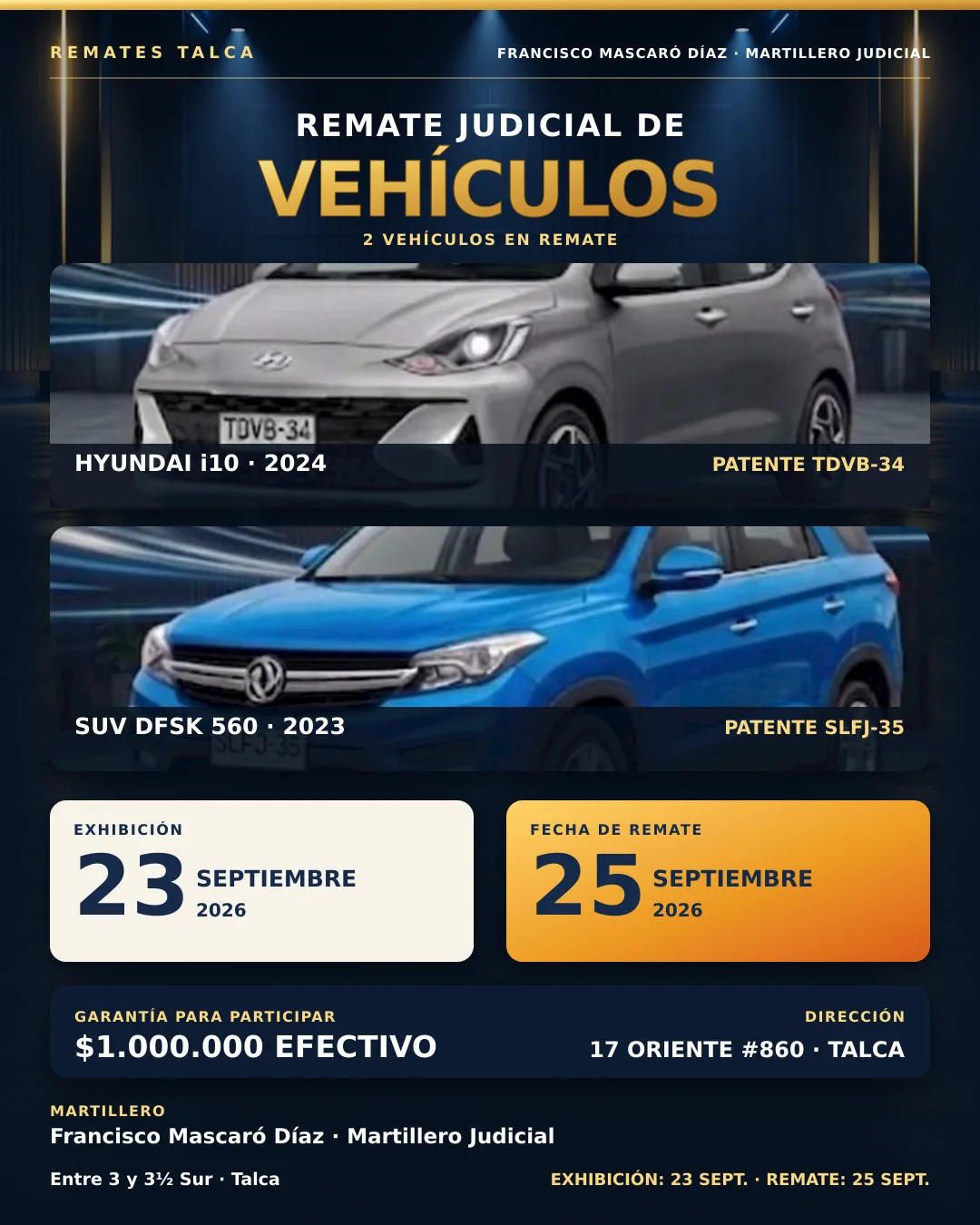 Fotografía de Remate Judicial de Vehículos: Hyundai i10 2024 y SUV DFSK 560 2023